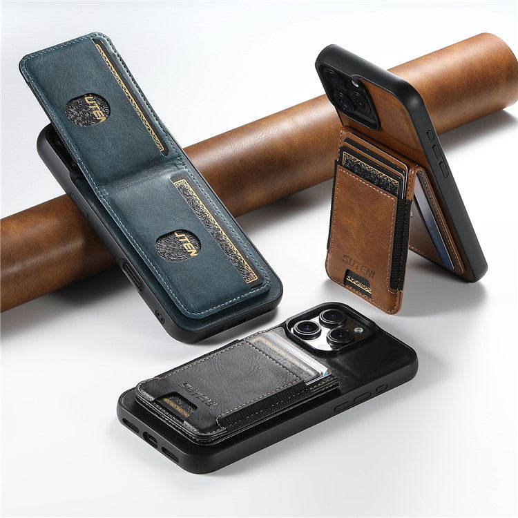 SUTENI H03 For iPhone 16 Pro Case Card Holder Waxy Texture Leather+TPU Phone Cover - Brown