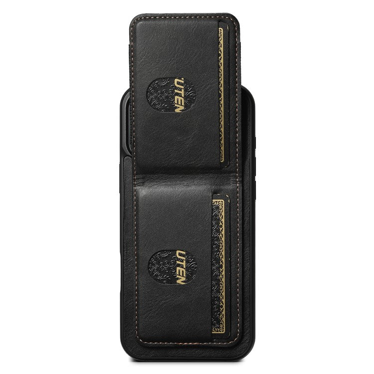 SUTENI H03 For iPhone 16 Pro Case Card Holder Waxy Texture Leather+TPU Phone Cover - Black