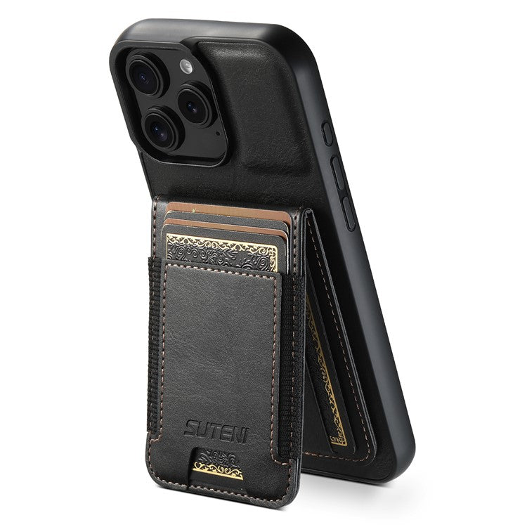 SUTENI H03 For iPhone 16 Pro Case Card Holder Waxy Texture Leather+TPU Phone Cover - Black
