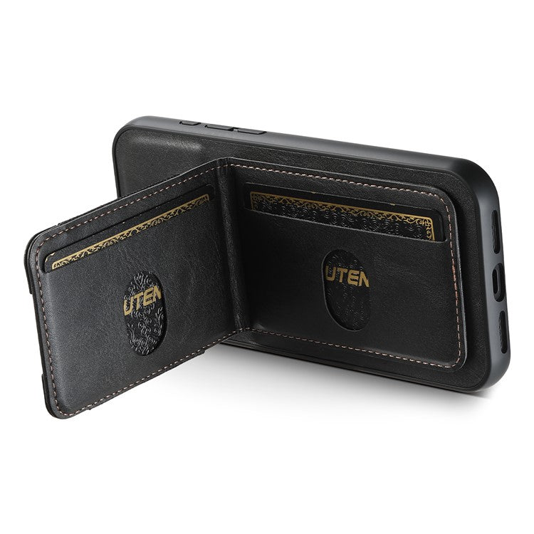 SUTENI H03 For iPhone 16 Pro Case Card Holder Waxy Texture Leather+TPU Phone Cover - Black