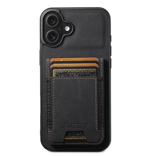 SUTENI H03 For iPhone 16 Plus Case Card Holder Kickstand Litchi Texture Leather+TPU Phone Cover - Black
