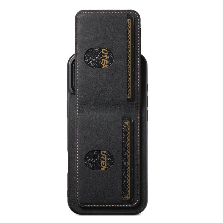 SUTENI H03 For iPhone 16 Plus Case Card Holder Kickstand Litchi Texture Leather+TPU Phone Cover - Black