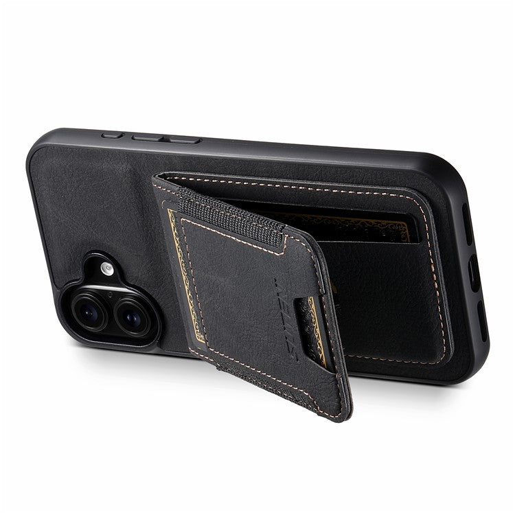 SUTENI H03 For iPhone 16 Plus Case Card Holder Kickstand Litchi Texture Leather+TPU Phone Cover - Black