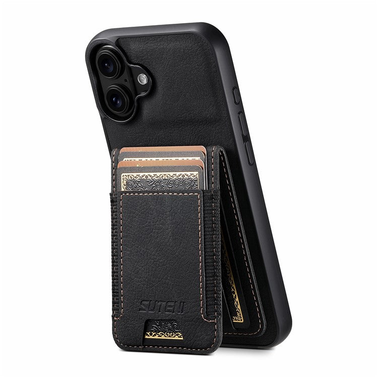 SUTENI H03 For iPhone 16 Plus Case Card Holder Kickstand Litchi Texture Leather+TPU Phone Cover - Black