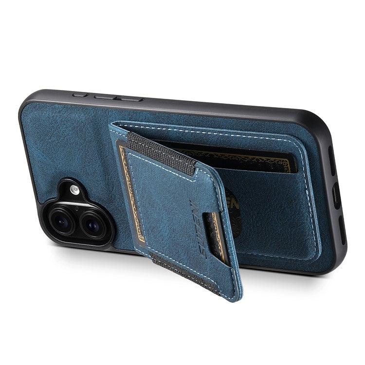 SUTENI H03 For iPhone 16 Case Card Holder Kickstand Litchi Texture Leather+TPU Phone Cover - Blue