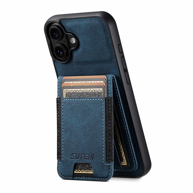 SUTENI H03 For iPhone 16 Case Card Holder Kickstand Litchi Texture Leather+TPU Phone Cover - Blue
