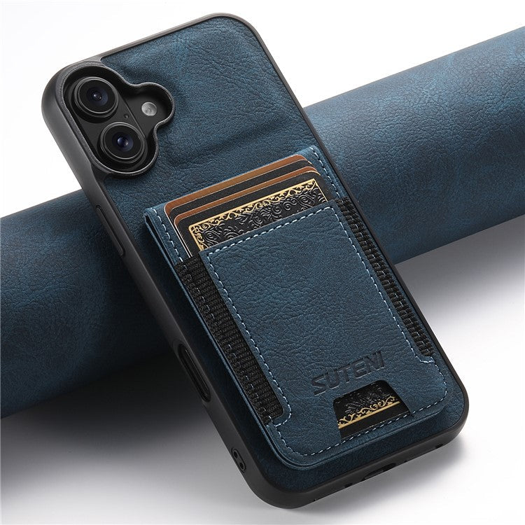SUTENI H03 For iPhone 16 Case Card Holder Kickstand Litchi Texture Leather+TPU Phone Cover - Blue