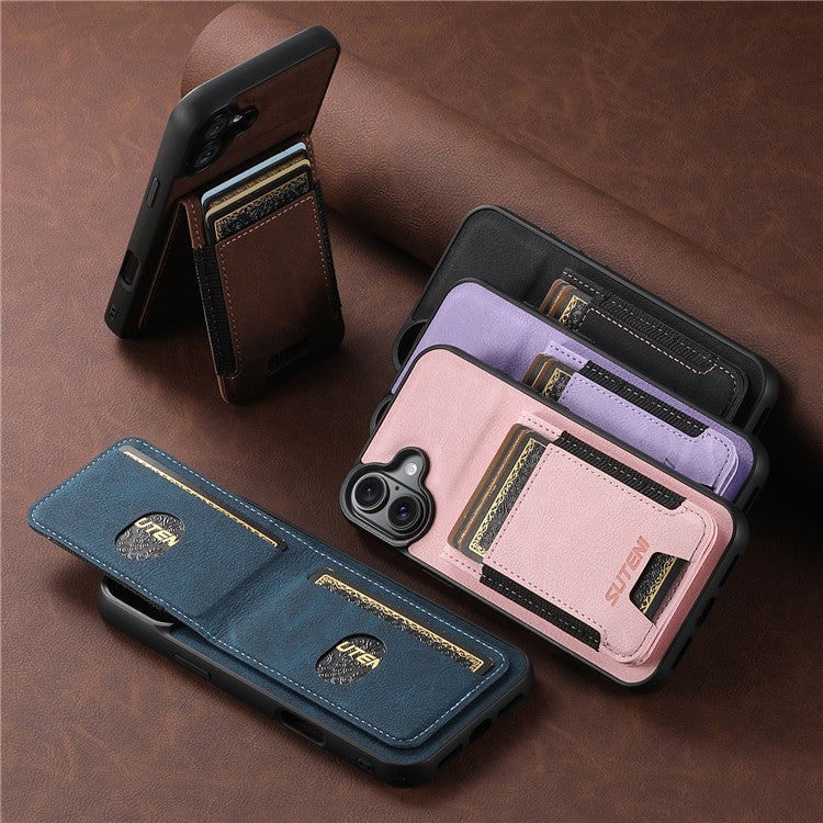 SUTENI H03 For iPhone 16 Case Card Holder Kickstand Litchi Texture Leather+TPU Phone Cover - Blue