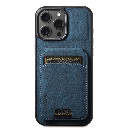 SUTENI H02 For iPhone 16 Pro Case Card Slots Kickstand Litchi Texture Leather+TPU Cover - Blue