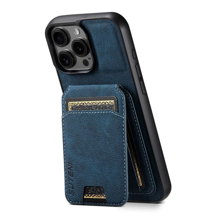 SUTENI H02 For iPhone 16 Pro Case Card Slots Kickstand Litchi Texture Leather+TPU Cover - Blue