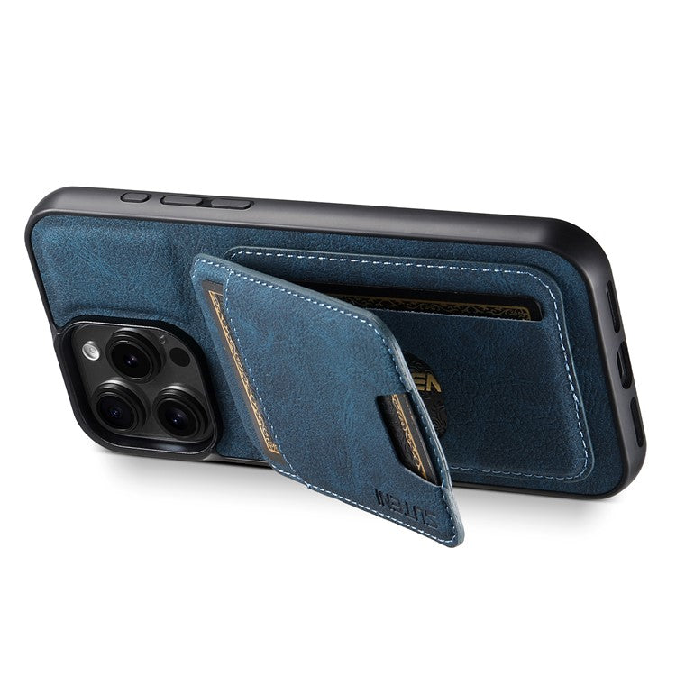 SUTENI H02 For iPhone 16 Pro Case Card Slots Kickstand Litchi Texture Leather+TPU Cover - Blue
