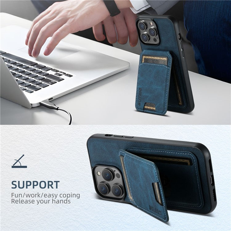 SUTENI H02 For iPhone 16 Pro Case Card Slots Kickstand Litchi Texture Leather+TPU Cover - Blue