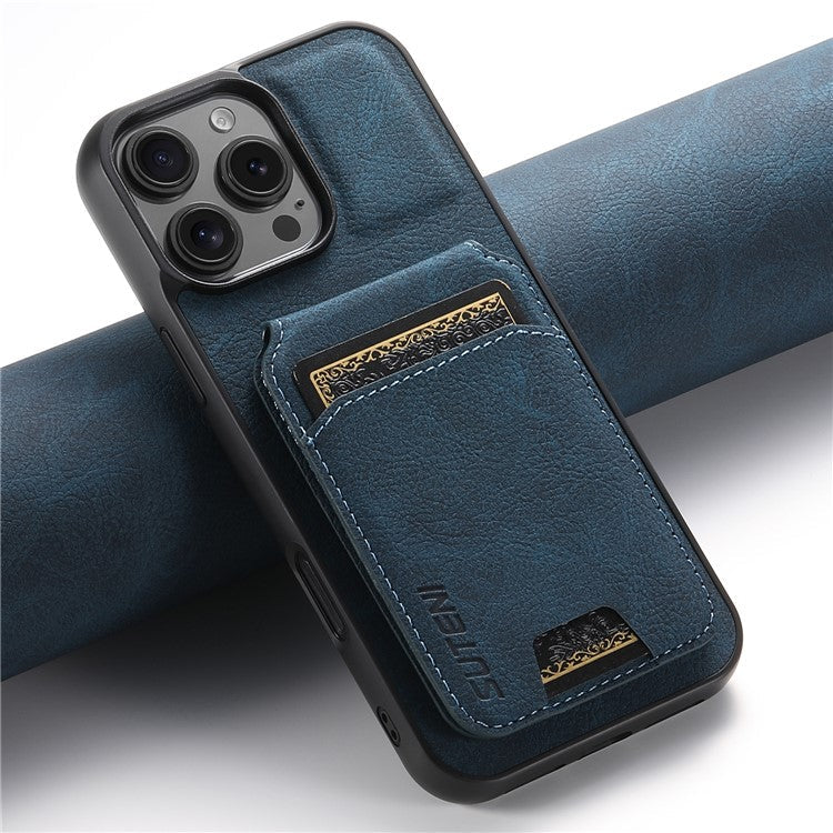 SUTENI H02 For iPhone 16 Pro Case Card Slots Kickstand Litchi Texture Leather+TPU Cover - Blue