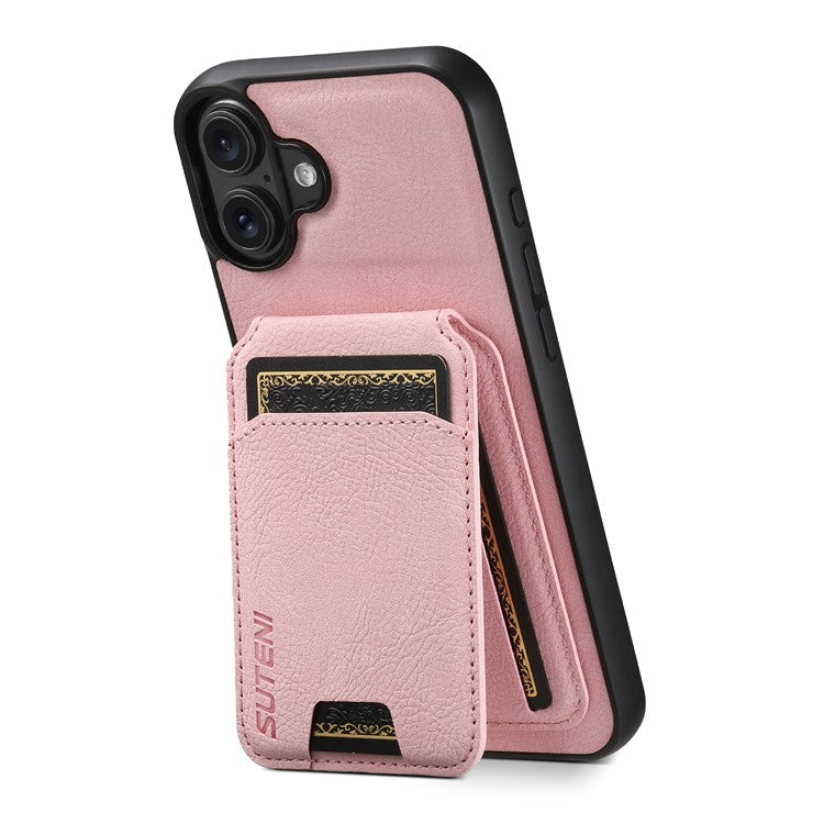 SUTENI H02 For iPhone 16 Case Card Slots Kickstand Litchi Texture Leather+TPU Cover - Pink