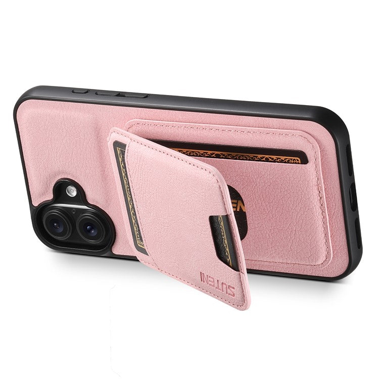 SUTENI H02 For iPhone 16 Case Card Slots Kickstand Litchi Texture Leather+TPU Cover - Pink