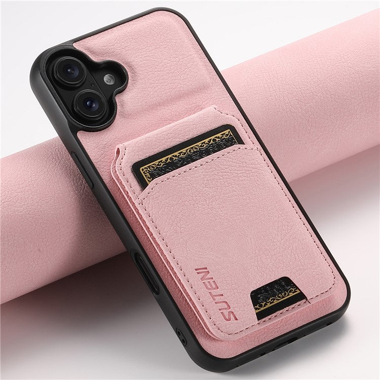 SUTENI H02 For iPhone 16 Case Card Slots Kickstand Litchi Texture Leather+TPU Cover - Pink
