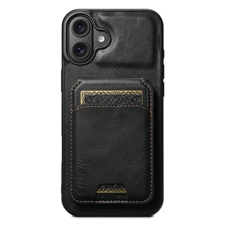 SUTENI H02 For iPhone 16 Plus Case Waxy Texture Leather+TPU Card Slots Kickstand Phone Cover - Black