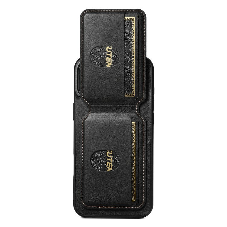 SUTENI H02 For iPhone 16 Plus Case Waxy Texture Leather+TPU Card Slots Kickstand Phone Cover - Black