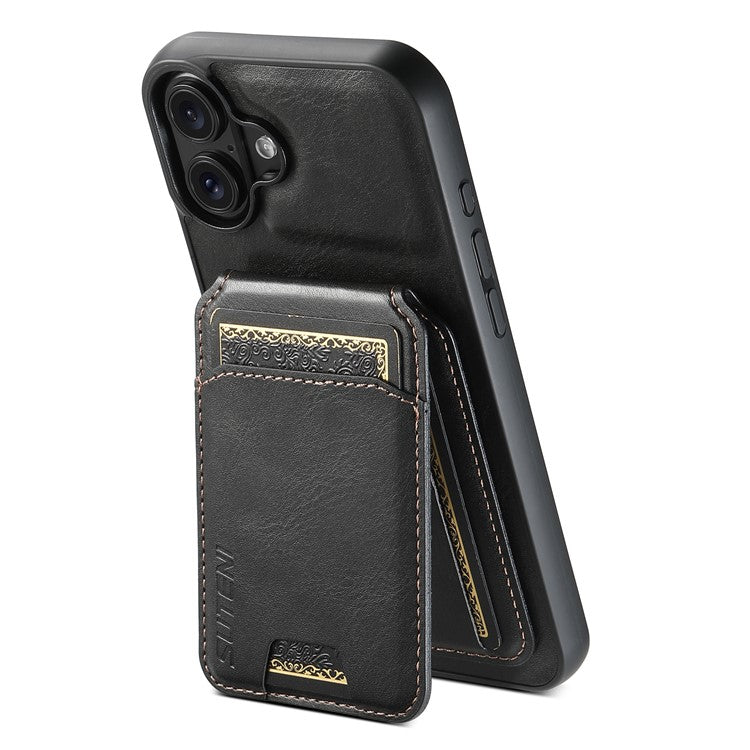 SUTENI H02 For iPhone 16 Plus Case Waxy Texture Leather+TPU Card Slots Kickstand Phone Cover - Black