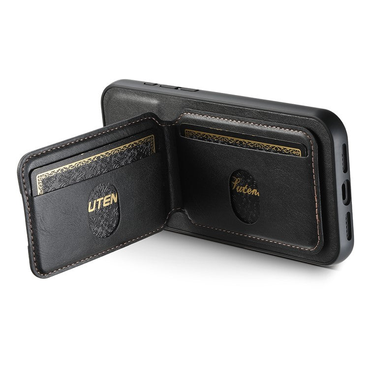 SUTENI H02 For iPhone 16 Plus Case Waxy Texture Leather+TPU Card Slots Kickstand Phone Cover - Black