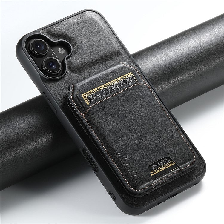 SUTENI H02 For iPhone 16 Plus Case Waxy Texture Leather+TPU Card Slots Kickstand Phone Cover - Black