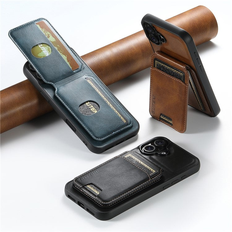 SUTENI H02 For iPhone 16 Plus Case Waxy Texture Leather+TPU Card Slots Kickstand Phone Cover - Black