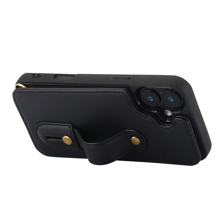 For iPhone 16 Plus Case Kickstand Card Slots Leather Coated TPU Cover with Shoulder Strap - Black