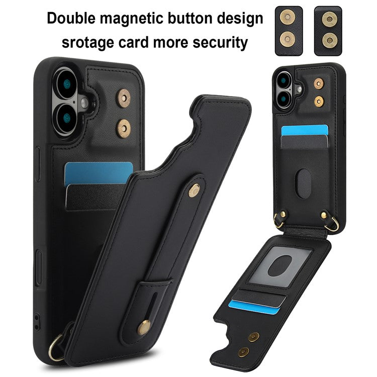 For iPhone 16 Plus Case Kickstand Card Slots Leather Coated TPU Cover with Shoulder Strap - Black