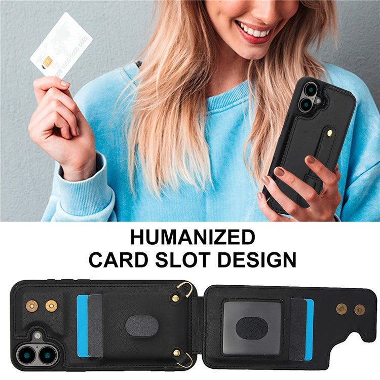 For iPhone 16 Plus Case Kickstand Card Slots Leather Coated TPU Cover with Shoulder Strap - Black