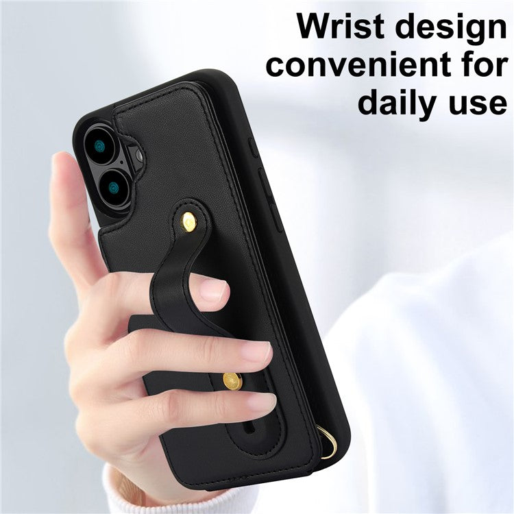 For iPhone 16 Plus Case Kickstand Card Slots Leather Coated TPU Cover with Shoulder Strap - Black