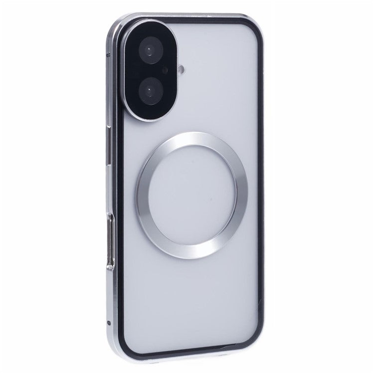 For iPhone 16 Case Double Sides Tempered Glass Phone Cover Compatible with MagSafe Full Protector - Silver