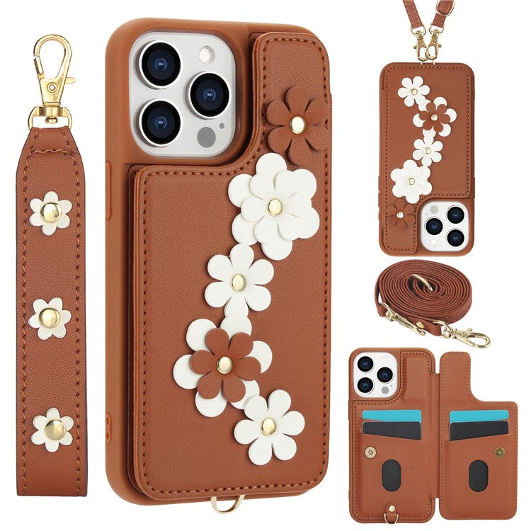 SY-001 For iPhone 16 Pro Case Card Slots Leather Coated TPU Flower Phone Cover - Brown