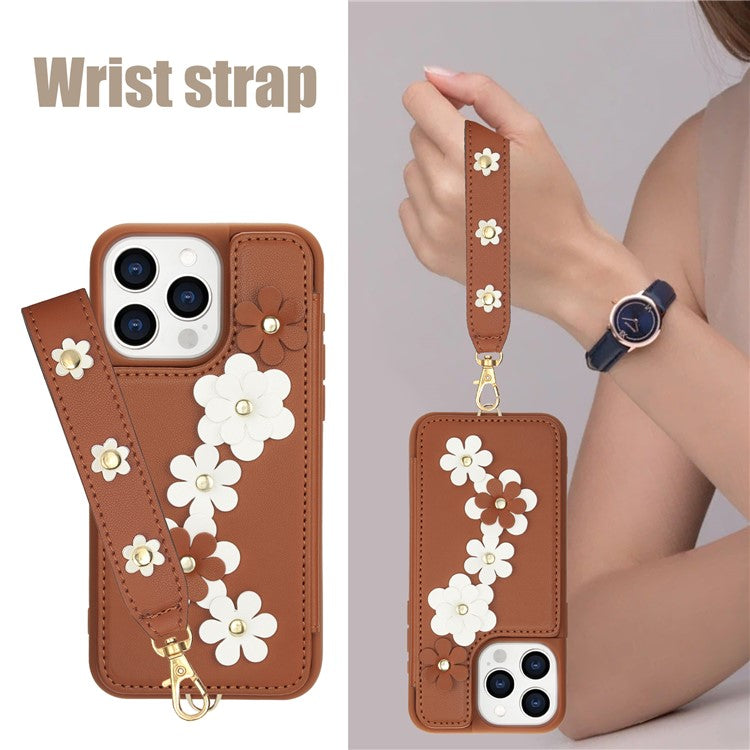 SY-001 For iPhone 16 Pro Case Card Slots Leather Coated TPU Flower Phone Cover - Brown