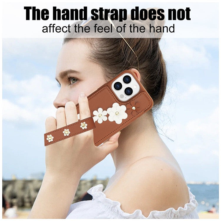 SY-001 For iPhone 16 Pro Case Card Slots Leather Coated TPU Flower Phone Cover - Brown