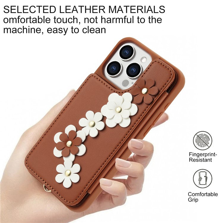 SY-001 For iPhone 16 Pro Case Card Slots Leather Coated TPU Flower Phone Cover - Brown