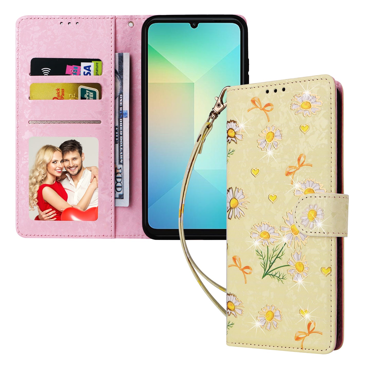 For Samsung Galaxy A06 Case RFID Blocking Flower Leather Phone Cover - Yellow Daisy