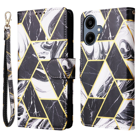 For Samsung Galaxy A06 Case Lacquered Marble Pattern Leather Phone Cover - Black