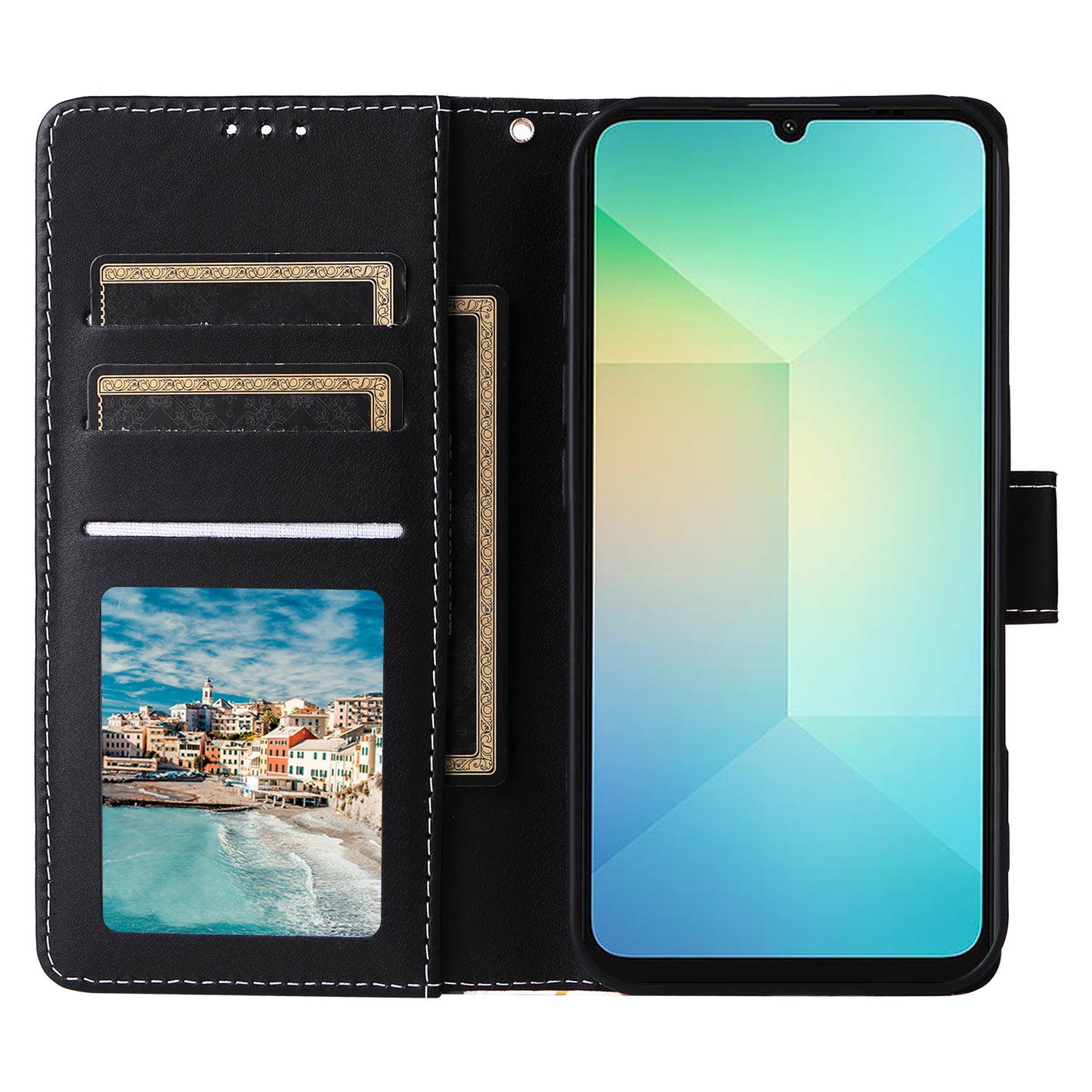 For Samsung Galaxy A06 Case Lacquered Marble Pattern Leather Phone Cover - Black