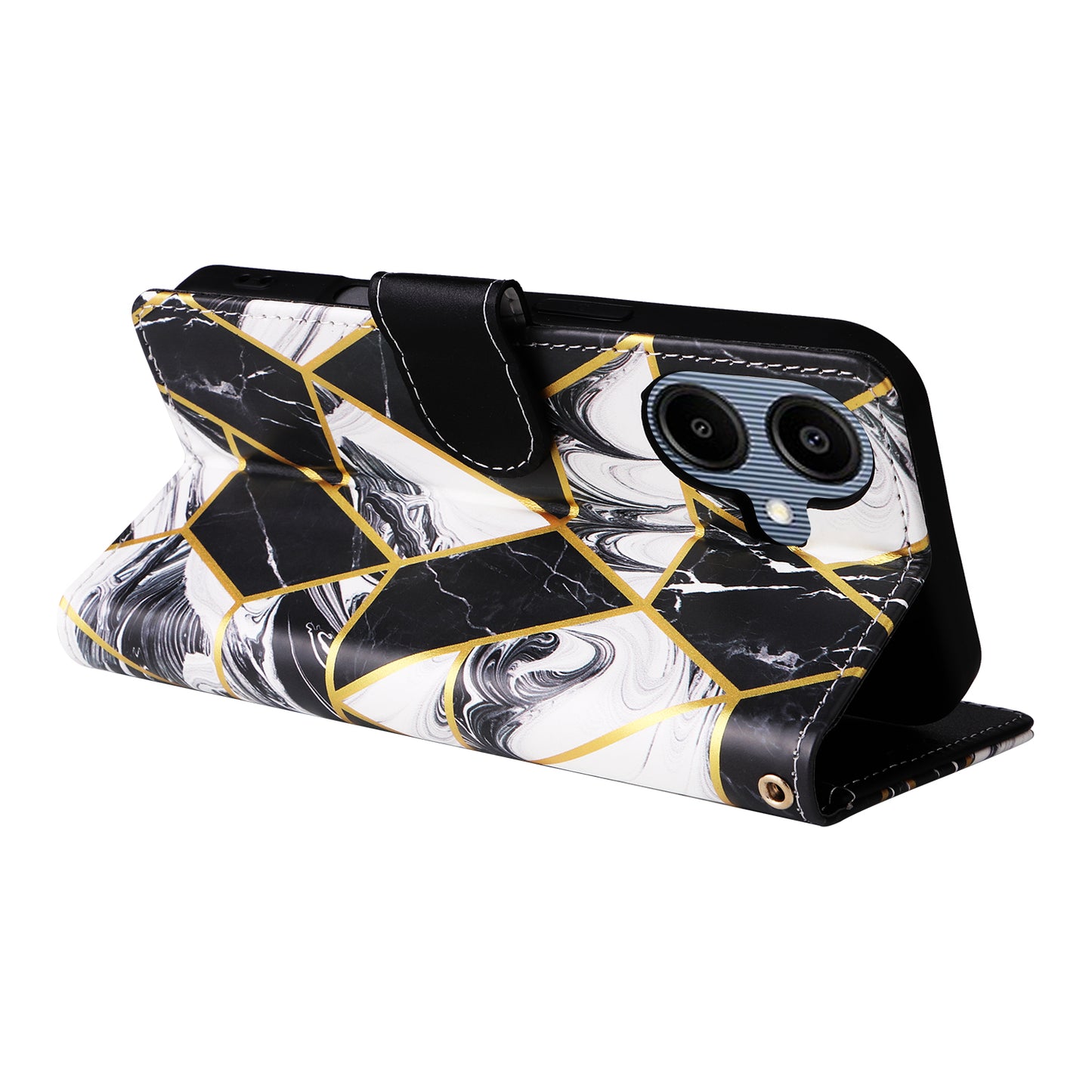 For Samsung Galaxy A06 Case Lacquered Marble Pattern Leather Phone Cover - Black
