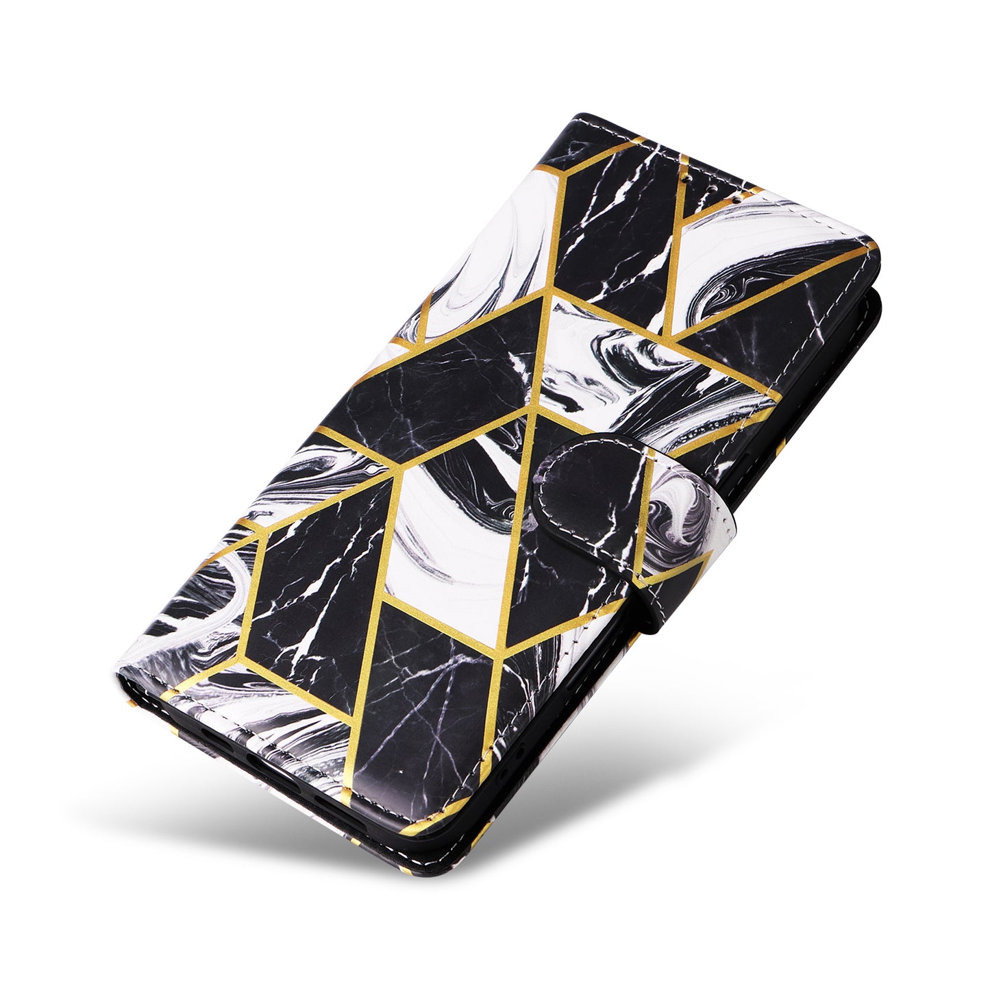 For Samsung Galaxy A06 Case Lacquered Marble Pattern Leather Phone Cover - Black