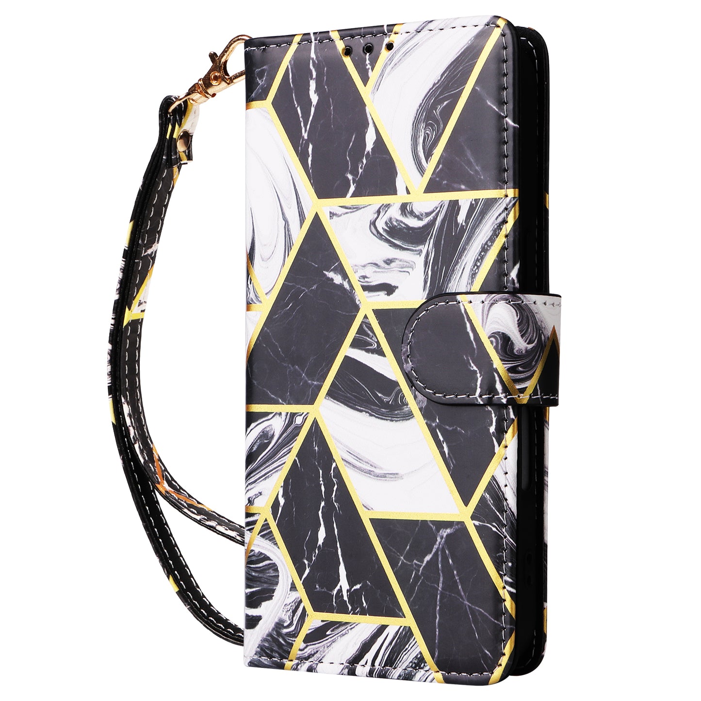 For Samsung Galaxy A06 Case Lacquered Marble Pattern Leather Phone Cover - Black