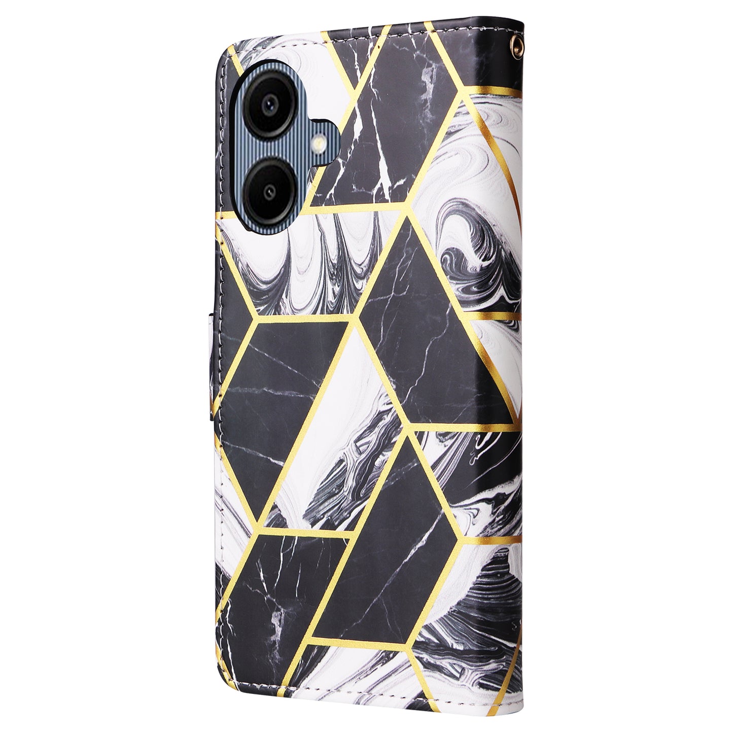 For Samsung Galaxy A06 Case Lacquered Marble Pattern Leather Phone Cover - Black