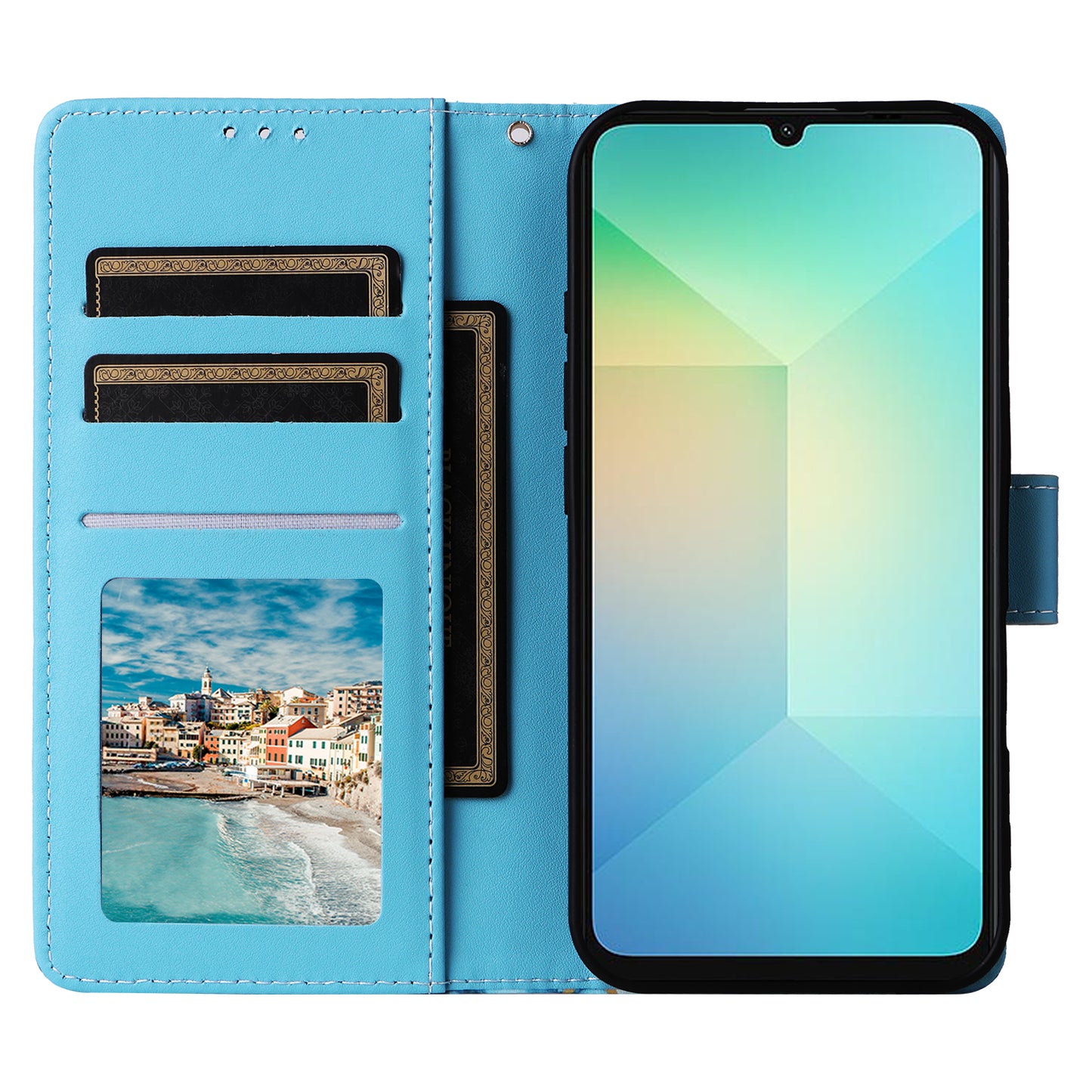 For Samsung Galaxy A06 Case Lacquered Marble Pattern Leather Phone Cover - Blue
