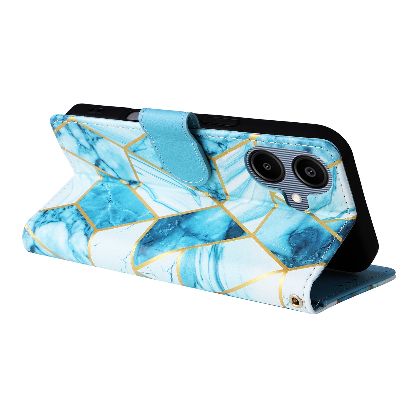 For Samsung Galaxy A06 Case Lacquered Marble Pattern Leather Phone Cover - Blue