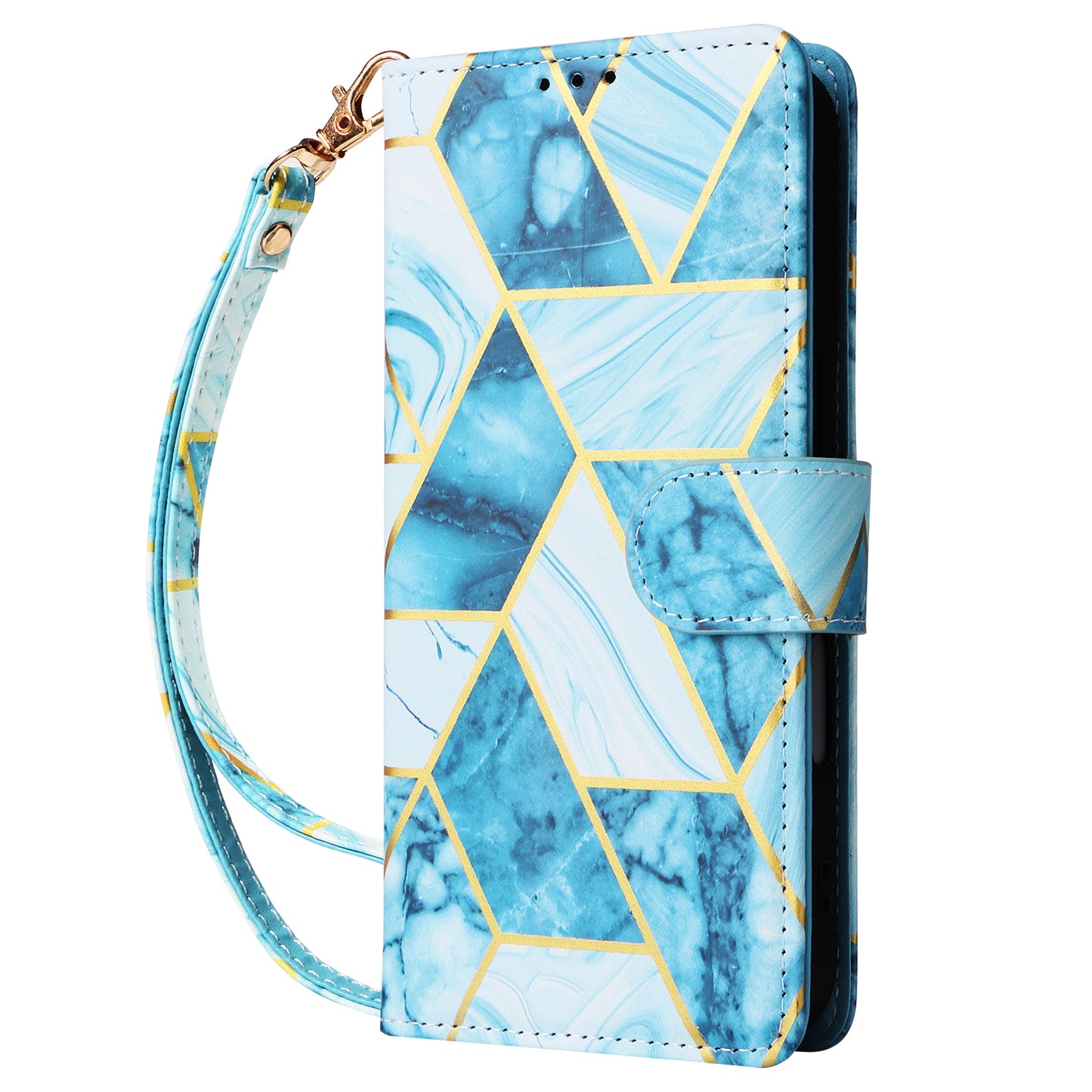 For Samsung Galaxy A06 Case Lacquered Marble Pattern Leather Phone Cover - Blue