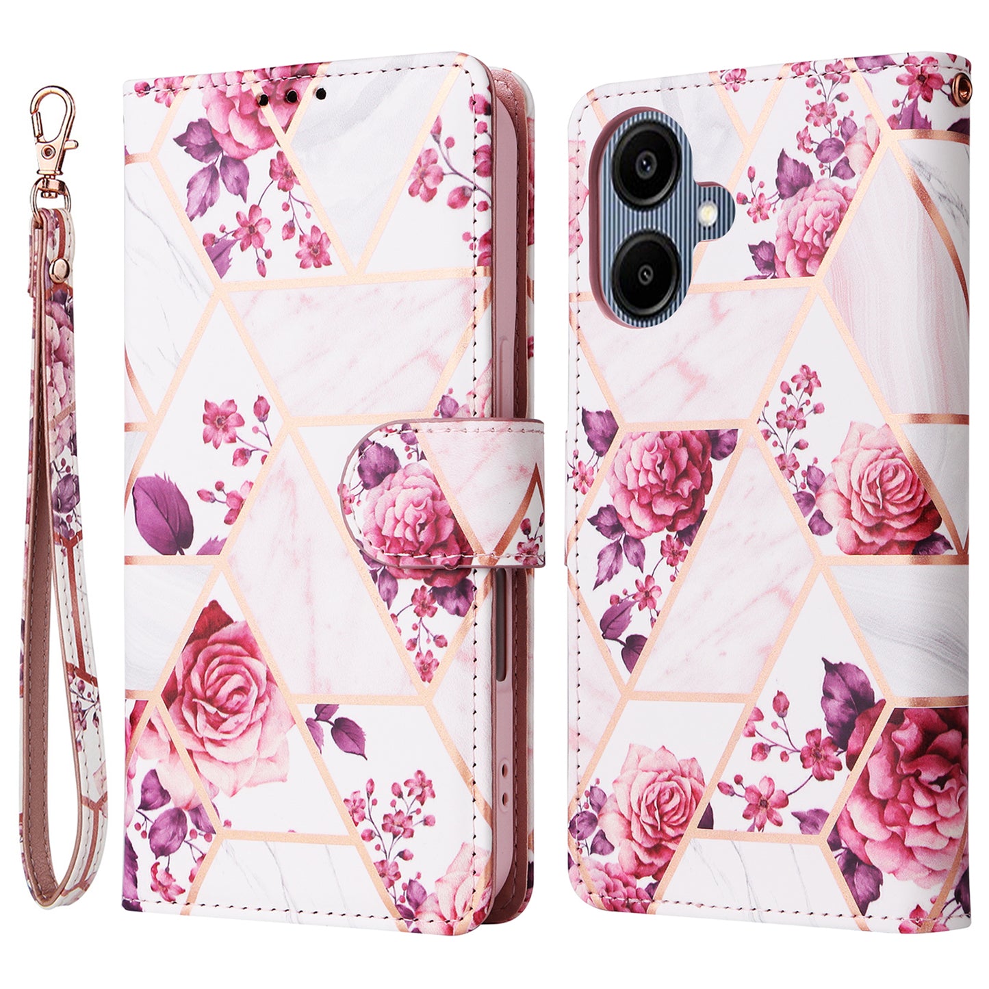 For Samsung Galaxy A06 Case Lacquered Marble Pattern Leather Phone Cover - Rose Gold