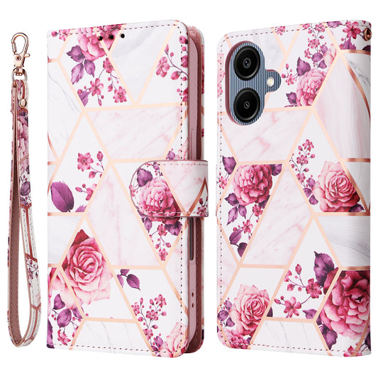 For Samsung Galaxy A06 Case Lacquered Marble Pattern Leather Phone Cover - Rose Gold