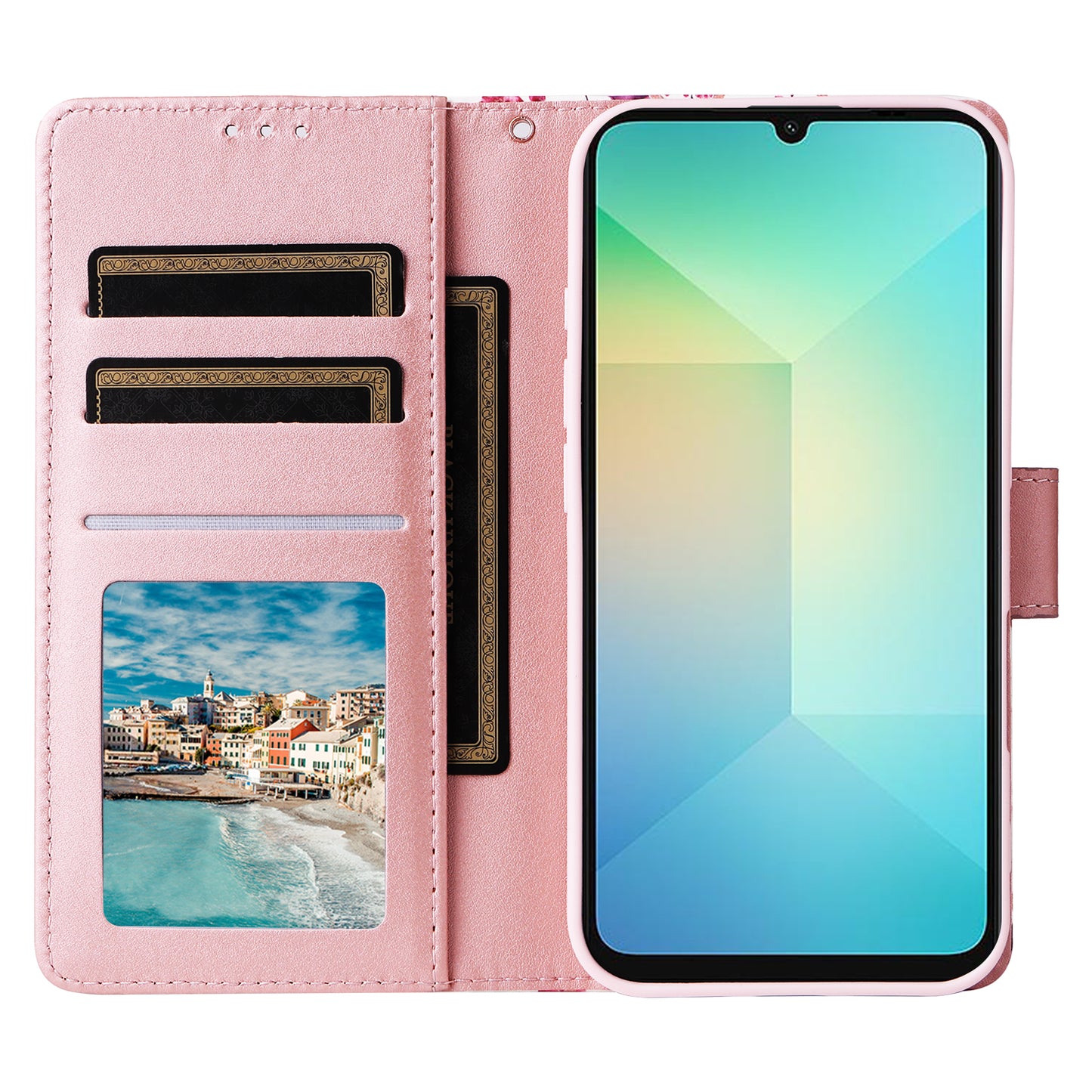 For Samsung Galaxy A06 Case Lacquered Marble Pattern Leather Phone Cover - Rose Gold