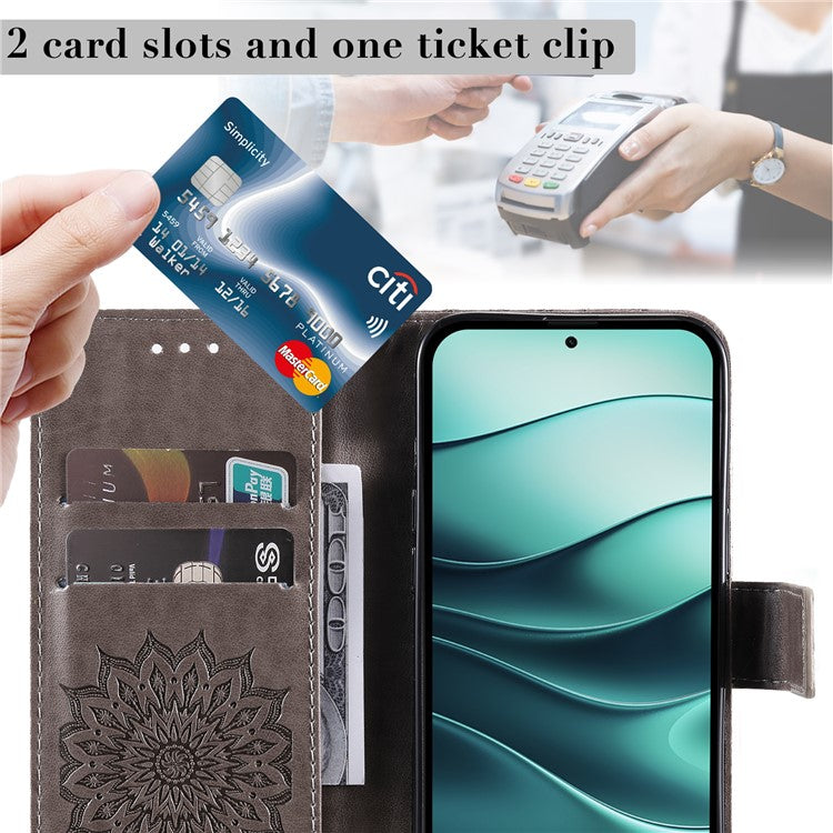 KT Imprinting Flower Series-1 For Xiaomi Redmi Note 14 5G Case Sunflower Leather Wallet Phone Cover - Grey