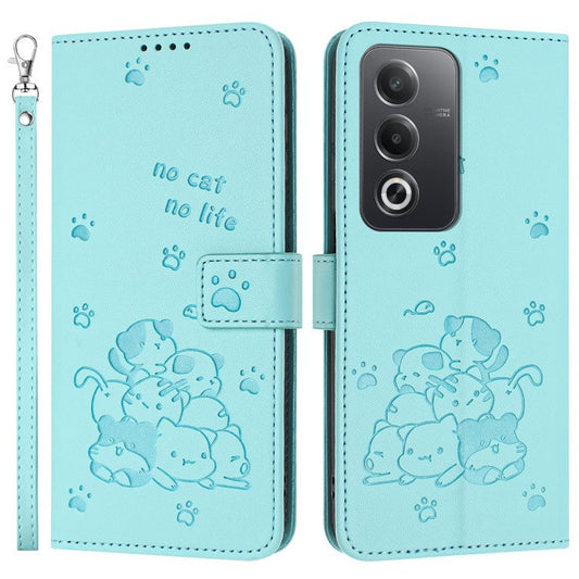 Leather Case for Oppo A80 5G / K12x 5G (India) / A3 Pro (Global) 5G / A3 Pro (India) 5G Cats Imprint Leather Wallet Phone Cover with Strap - Green